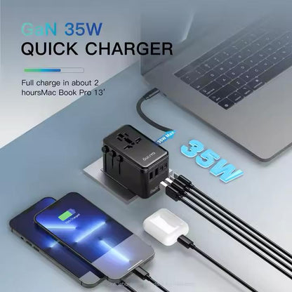 PD35W GAN All-in-One International Plug Adaptor Quick Charge GaN Universal Travel Adapter Charger with Cable