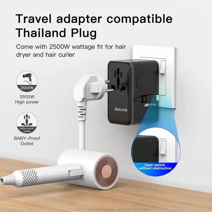 PD35W GAN All-in-One International Plug Adaptor Quick Charge GaN Universal Travel Adapter Charger with Cable